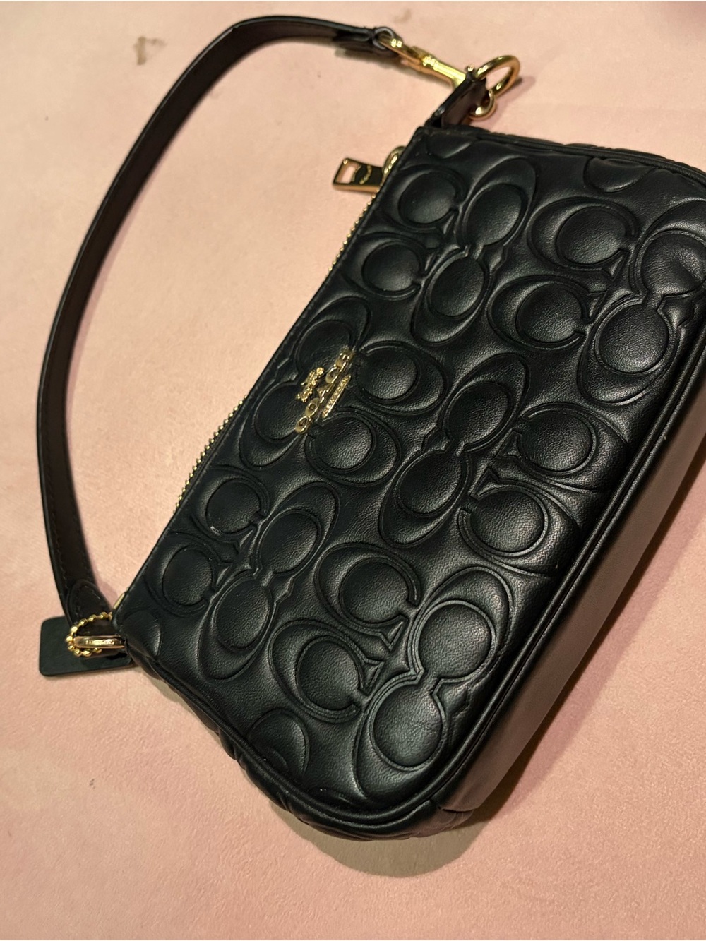 Coach Black Embossed Signature C Leather Wristlet with Gold Hardware